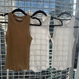 Zara Sleeveless Ribbed Tops in Tan and White